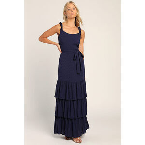 Lulus Romantic Dreams Navy Blue Ruffled Tiered Swiss Dot Maxi Dress - Size M